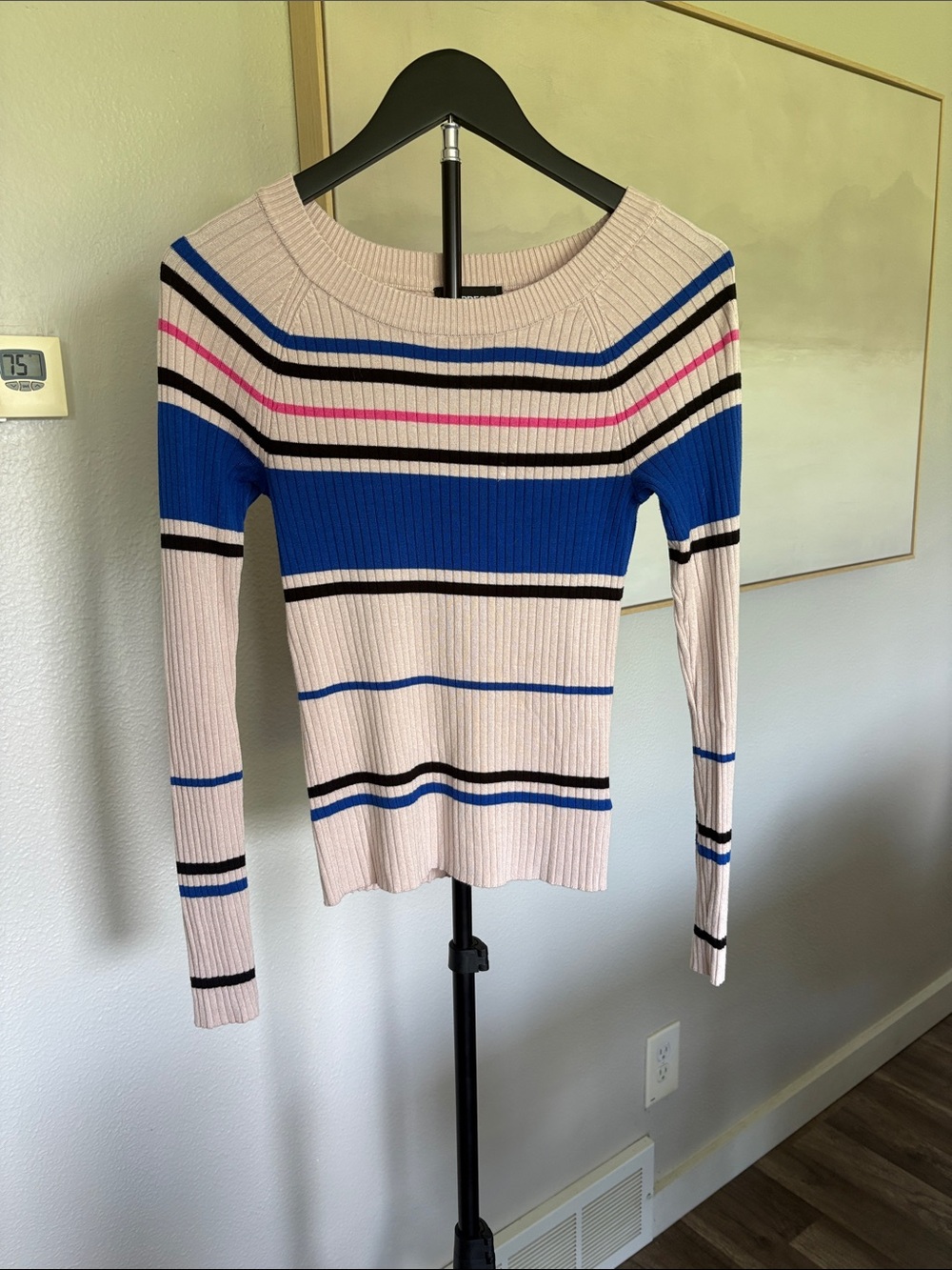 Express Ribbed Scoop-Neck Sweater in Light Pink with Blue, Black & Pink Stripes